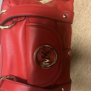 Michael Kors Red Leather  Shoulder Bag with Gold Accents